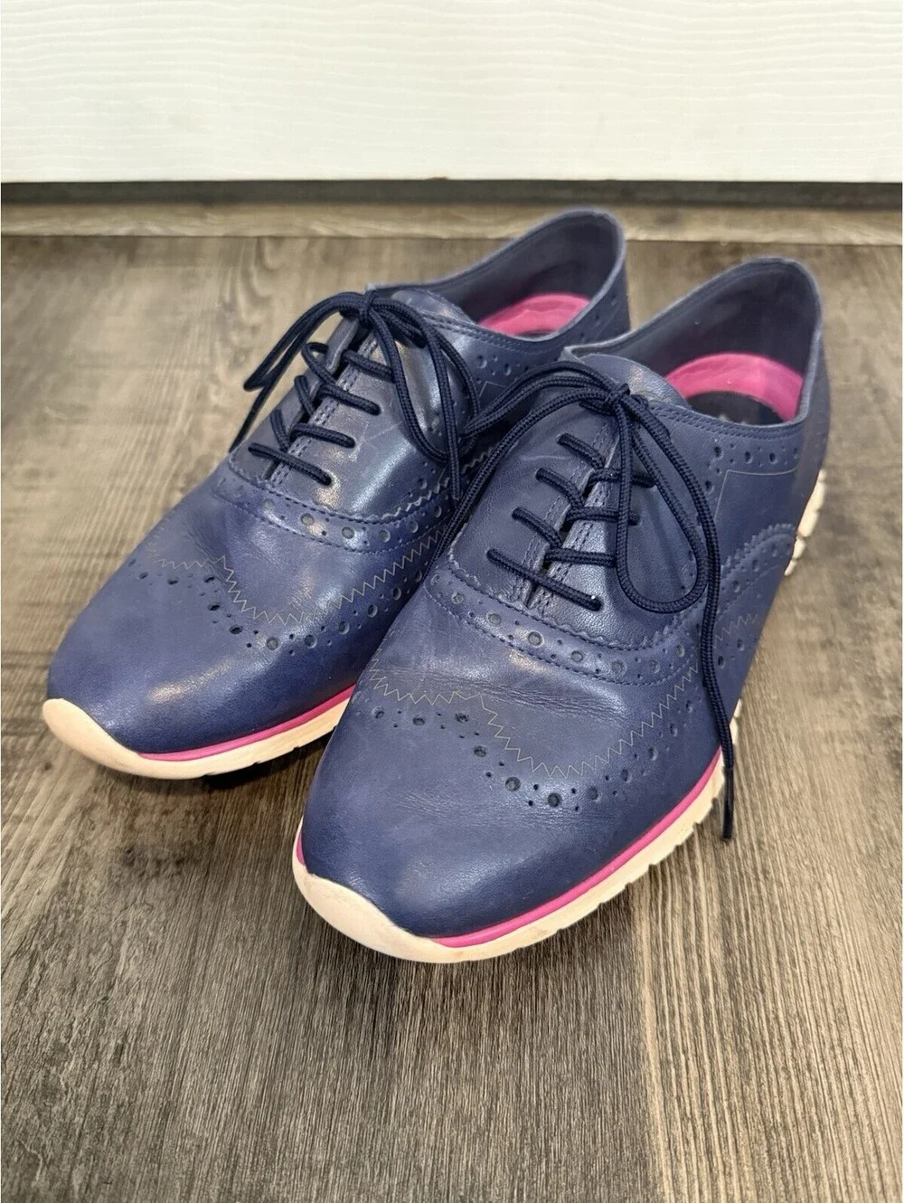 Cole Haan Zerogrand Navy Blue Leather Wingtip Oxford Shoes W24574 Womens Sz 7.5